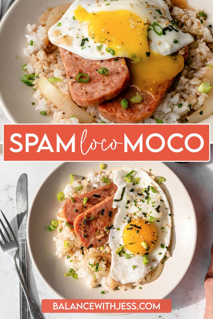 Hawaiian Loco Moco is a classic, but this easy Spam Loco Moco has golden fried Spam instead of the traditional hamburger patty. It's paired with white rice and sunny side up eggs before being smothered in a sweet and savory brown gravy. This is island comfort food at its best! Less than 30 minutes, one pan, one pot, easy. Spam And Eggs Hawaiian, Teriyaki Spam Recipes, Spam And Eggs Recipe, Spam Bowls, Spam Meal Ideas, Spam Meals Dinners, Spam Bowl Recipes, Spam Eggs And Rice Breakfast, Spam Hawaiian Recipes