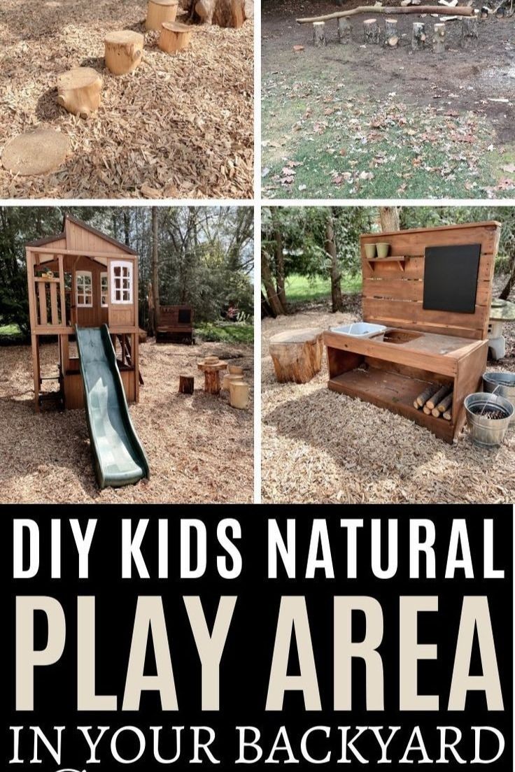 Images of a natural playground in a backyard. The text over the image reads, "DIY Kids Natural Play Area in your backyard". Outdoor Play Equipment Diy, Nature Playground Diy, Sloped Yard Play Area, Woods Play Area, Natural Backyard Playground, Natural Playground Diy, Natural Playground Backyard, Kids Play Area Outdoor, Diy Outdoor Play Area