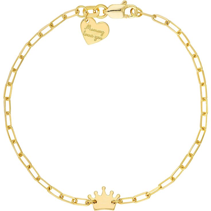 Olas d'Oro 6 Bracelet - 14K Yellow Gold Kid's Paper Clip Chain Bracelet with Crown Gold Charm Bracelet With 17 Jewels In 14k Gold, Fine Jewelry Gold Charm Bracelet With 17 Jewels, Gold Charms Bracelet Fine Jewelry, Charm Yellow Gold Bracelet Gift, Yellow Gold Charm Bracelet For Gift, Yellow Gold Charm Bracelet Fine Jewelry, 14k Gold Charms Bracelet Fine Jewelry, Classic Gold Bracelet With Charms As Gift, Luxury Gold Charm Bracelet Gift