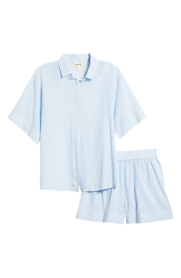 Crisp PJs with a collared short-sleeve shirt and elastic-waist shorts are ones you'll want to wear all weekend long. 26 1/2" length top; 2 1/2" inseam; 31" leg opening; 12 1/2" front rise; 16" back rise (size Medium) Top has front button closure; notched collar; short sleeves; chest patch pocket Shorts have elastic waist 55% cotton, 45% viscose Machine wash, tumble dry Imported Summer Short Sleeve Camp Shirt For Daywear, Blue Collared Relaxed Fit Sleepwear, Spring Camp Shirt With Camp Collar For Loungewear, Summer Camp Shirt For Daywear With Short Sleeves, Summer Daywear Collared Camp Shirt, Summer Collared Camp Shirt For Daywear, Summer Sleepwear With Short Sleeves In Relaxed Fit, Summer Sleepwear With Short Sleeves And Relaxed Fit, Summer Sleepwear With Relaxed Fit And Short Sleeves