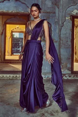 Shop for Nitika Gujral Purple Satin Draped Saree With Cutout Bustier for Women Online at Aza Fashions Purple Saree Look, Satin Sari, Drape Sari, Saree Satin, Saree Drapes, Saree Gowns, Saree Accessories, Stylish Saree, Reception Saree