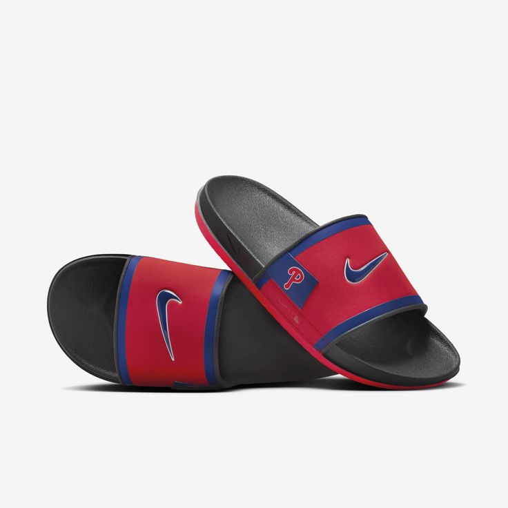 Rep the Philadelphia Phillies all the way down to your feet in these Offcourt slides. A cushioned synthetic leather strap features your team's logo, while an innovative foam midsole makes this slide so comfy, you’ll never want to take it off. Sporty Slip-on Slides For Sports, Foam Slides With Rubber Sole, Foam Slide Sandals With Rubber Sole, Foam Slides With Round Toe And Rubber Sole, Foam Slides With Rubber Sole And Round Toe, Foam Slides With Removable Insole, Sporty Open Toe Slippers With Cushioned Footbed, Cushioned Slide Sport Sandals, Cushioned Round Toe Sandals For Training