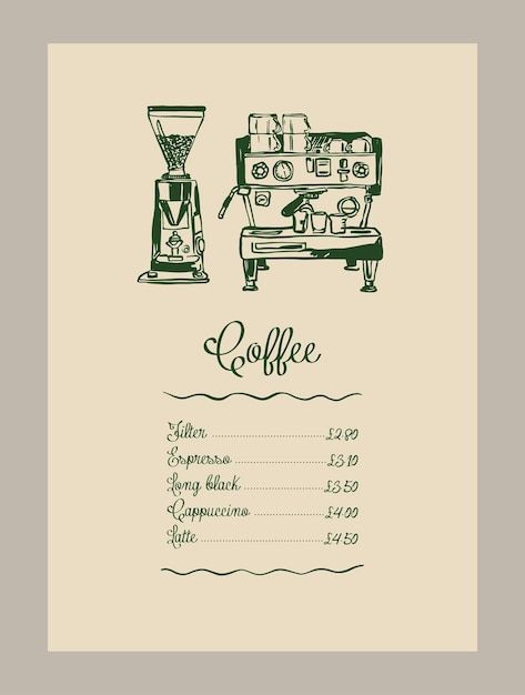 the menu for coffee is shown in black and white, with an image of a coffee machine