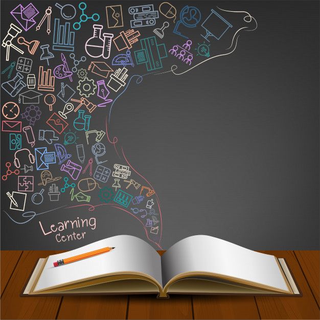 an open book on a wooden table with doodles coming out of it and the title learning center written in chalk