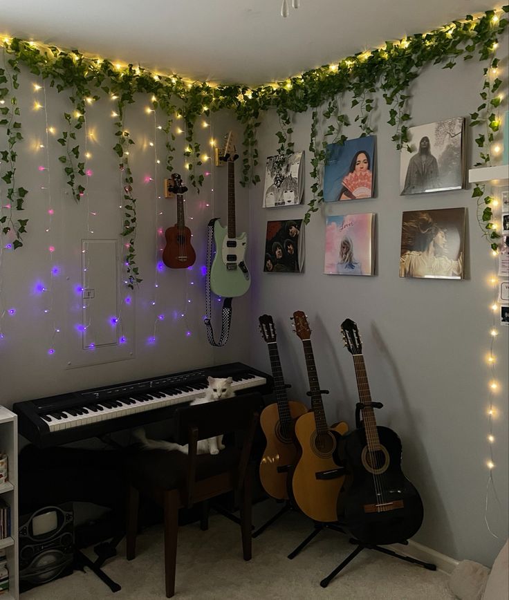 a living room with guitars and string lights