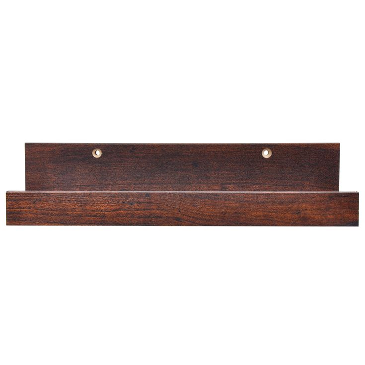 a wooden shelf with two brass knobs on it's sides and a white background