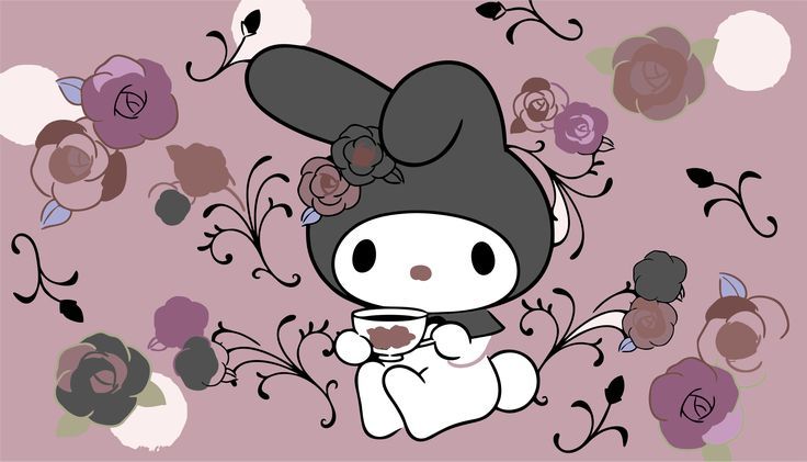 a cartoon character holding a coffee cup in front of flowers and vines on a pink background