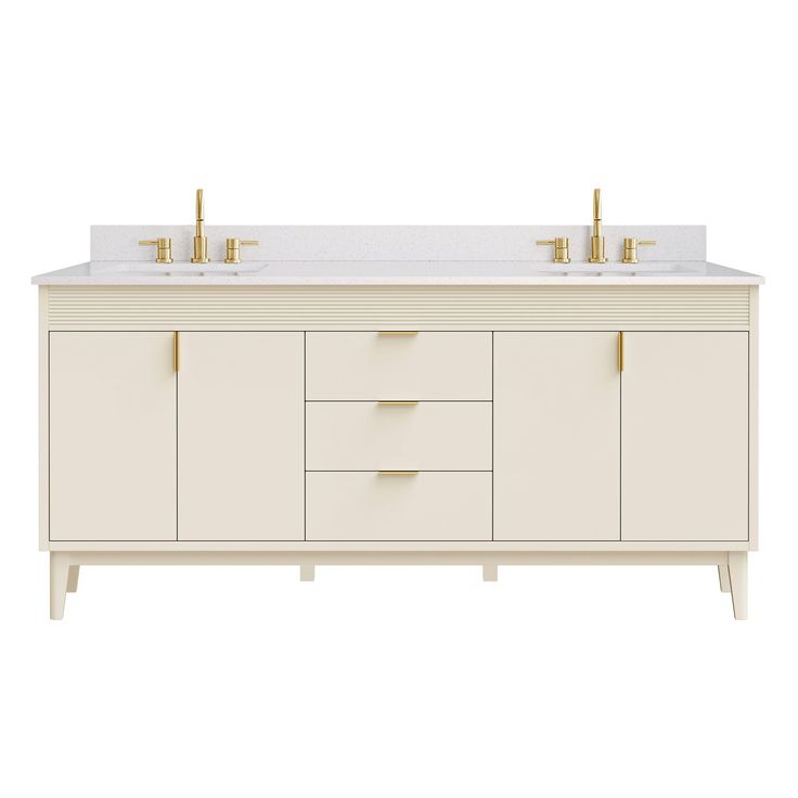 an image of a double sink vanity with two gold faucets on the top