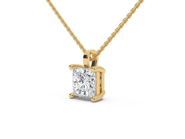 This necklace features a princess-cut diamond securely set in four prongs for a simple yet stunning look.Details: - Made to Order- Diamond Weight Options: 1.00 CT, 1.25 CT, 1.50 CT, 1.75 CT, 2.00 CT, 2.25 CT, 2.50 CT, 2.75 CT, 3.00 CT- No of Diamonds: 1- Diamond Type: Lab Grown Diamond (CVD, HPHT)- Diamond Cut: Princess- Diamond Clarity: VS - Diamond Color: Colorless (DEF)- Setting Type: Prong- Chain Length: 14-18'' Inch- Metal Type: 14K Solid Gold,18K Solid Gold- Choice of Gold Color: Yellow Gold, White Gold, Rose Gold- Jewelry Certificate: All our jewelry comes with a 3rd Party Lab Certificate, verifying the authenticity of diamond and gold.- Diamond Certificate: Diamond Size of 1.00 CT and above will be IGI/GIA Certified. Fine Jewelry Princess Cut Single Diamond Necklace, Anniversary Solitaire Square Pendant Necklace With Prong Setting, Wedding Jewelry With Single Diamond Square Pendant, Square Pendant Diamond Necklace With Prong Setting, Square Pendant Jewelry With Single Diamond For Wedding, Classic Princess Cut Cubic Zirconia Necklace, Classic Cubic Zirconia Princess Cut Necklace, Princess Cut Diamond Necklace For Gift, Princess Cut Necklace With Prong Setting For Formal Events