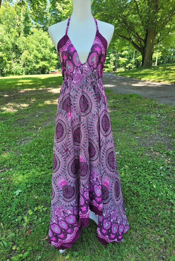 Beautiful Long Maxi Halter Bohemian Boho Chic Festival Ethnic Hippie Summer Feminine Dress. Festival Dress, Party Dress, Bohemian Dress, Ethnic Dress, Hippie Dress Trendy Dress, Boho Chic, Mandala Print Dress. You will feel so good in this gorgeous dress. Handmade  Material: Soft Rayon Size: One Size fit XS,S,M,L Length: From(under) bust to bottom in the front and back center- 29" (73.66cm) Bust: Approx. Upto 38" Hips: Approx. Upto 50" The sides are longer 45" (114.3cm) as you can see in the pho Hippie V-neck Free Size Maxi Dress, Pink Bohemian V-neck Maxi Dress, Traditional Flowy Boho Print Dresses, Pink V-neck Bohemian Dress, Multicolor V-neck Sundress For Festival, Festival Boho Dress With V-neck And Printed Details, Bohemian Printed Maxi Dress For Festivals, Traditional Floral Print Maxi Dress For Summer, Long Printed Hippie Dresses