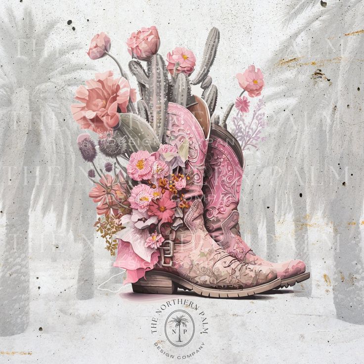 a pair of pink cowboy boots with flowers on them sitting in front of palm trees