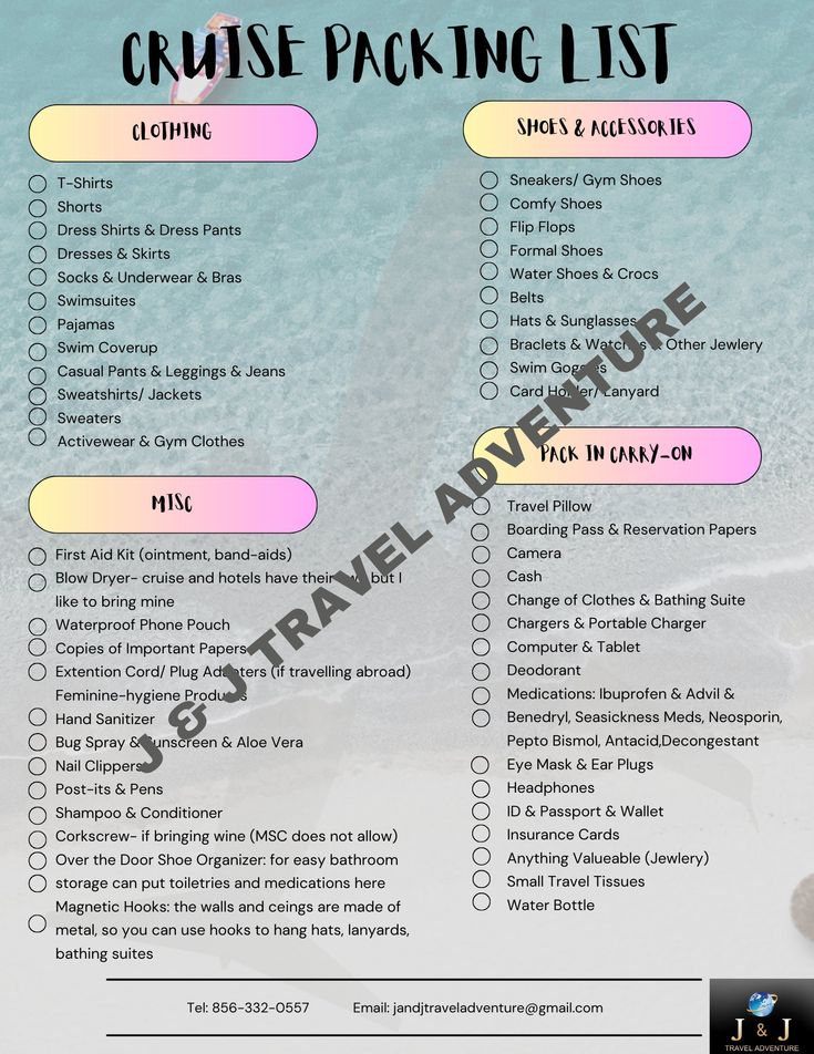 the cruise packing list is shown in this image