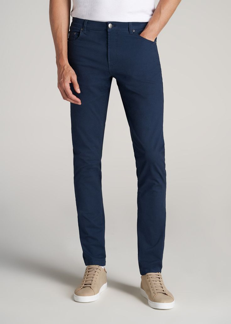 American-Tall-Men-Carman-5-Pocket-Marine-Navy-front Navy Tapered Leg Pants With Pockets, Fitted No-pocket Chinos With Tapered Leg, Non-stretch Ankle-length Chinos With Pockets, Stretch Tapered-leg Chinos With Pockets, Scrubs Dress, 4-way Stretch Straight Leg Chinos With Pockets, Cozy Sleepwear, Tall Men, Tall Pants