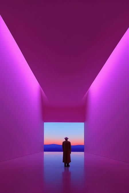 a person standing in an empty room with purple lighting on the walls and floor, looking out to sea