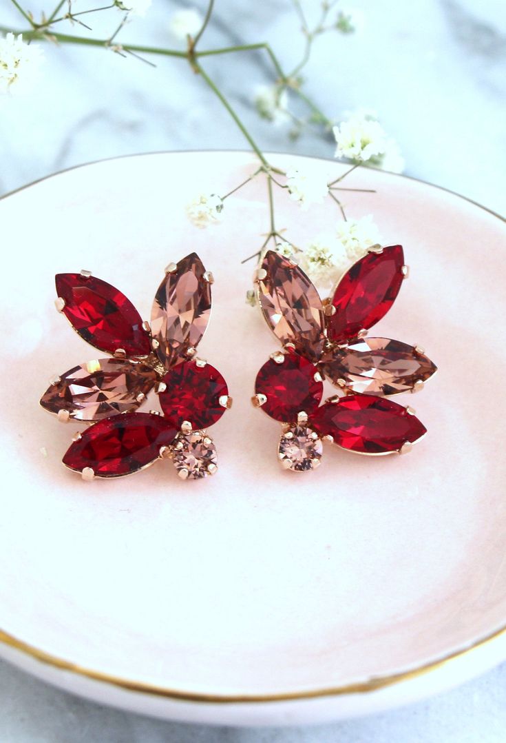 Ruby Red cluster Earrings, Red Pink Crystal Earrings, Bridal Ruby Blush Swarovski Stud Earrings, Bridesmaids Red Earrings, Gift For Her. Elegant Red Cluster Earrings For Wedding, Glamorous Red Wedding Earrings, Glamorous Red Earrings For Wedding, Red Cluster Earrings Gift, Glamorous Red Crystal Earrings As Gift, Formal Red Cluster Earrings For Pierced Ears, Glamorous Red Crystal Earrings For Gift, Red Cluster Earrings For Pierced Ears As Gift, Pink Crystal Earrings