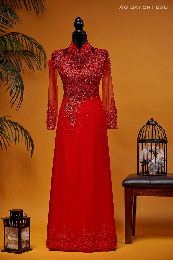 "This set includes: the women ao dai with matching pants. Please see size chart below for measurements of available pre-made sizes. We also take custom-made order to your measurements. Processing time for custom-made order is approximately 4-10 weeks. Orders placed by the end of each month will be ready to ship by the end of the following month. We will send you a message to confirm the processing time of your order. If your needs fall outside of that time frame, a rush order is possible for an Festive Floor-length Evening Dress For Ceremony, Wedding Embellished Fitted Ao Dai, Red Floor-length Wedding Dress For Festive Occasion, Festive Floor-length Red Wedding Dress, Festive Red Floor-length Wedding Dress, Red Ao Dai For Banquet And Festive Occasions, Red Ao Dai For Banquet, Red Ao Dai For Festive Banquet, Red Long Sleeve Dress For Mother Of The Bride