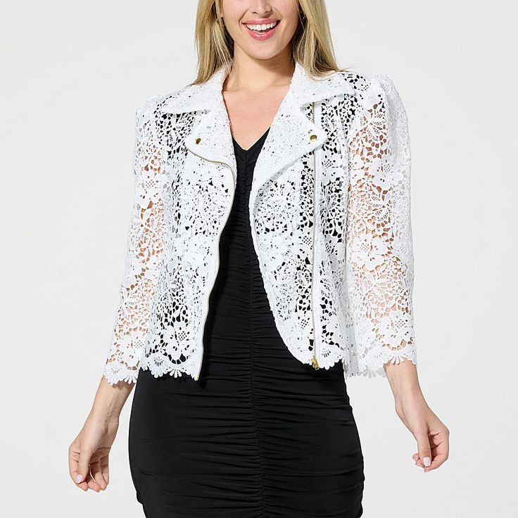 Curations x Amy Morrison Lace Moto Jacket  Romantic meets rebellious in this must-have all-weather jacket. A tough moto-style silhouette is contrasted by a delicate lace design, scalloped trim and perfect puff sleeves. It's a freshly feminine take on classic sporty style that cruises from day to evening with ease. Cropped Moto Jacket, Pleated Sleeves, Woven Jacket, Lace Cardigan, Moto Style, Cardigan Women, Draped Fabric, Lace Fashion, Lace Design