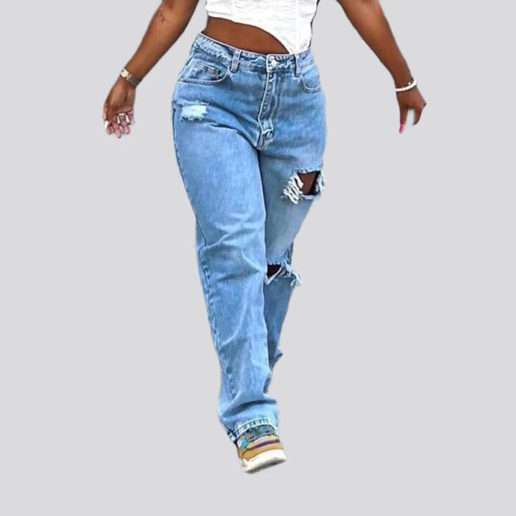 Make a statement this summer with our 2023 Summer Collection of grunge-inspired straight-leg distressed jeans! Featuring a mid-waist fit. luxurious denim fabric. zipper and button closure. and raw hem for an edgy look. these jeans will make you stand out from the crowd.Distinctive Features: Grunge-Inspired: Stand out from the crowd with these unique and fashionable jeans. Straight-Leg: Flatter your figure with a timeless straight-leg fit. Distressed: Achieve an effortlessly cool. vintage look. M Distressed High Waist Rigid Denim Jeans, Ripped High-rise Cropped Jeans In Rigid Denim, Ripped High Rise Cropped Jeans In Rigid Denim, Medium Wash Ripped Straight Leg Jeans, Ripped Rigid Denim Cropped Jeans For Fall, Chic Ripped High Waist Jeans, Fall Ripped Cropped Jeans In Rigid Denim, Chic High Waist Ripped Jeans, Chic High-waist Ripped Jeans