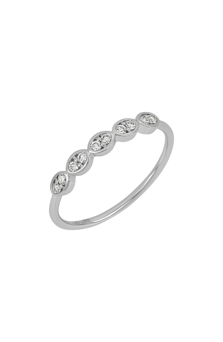 Pairs of prong-set diamonds twinkle atop a slender stackable ring crafted from 18-karat white gold. Total diamond weight: 0.14ct. Color: G Clarity: VS 18k gold/diamond Imported >Diamond Guide Timeless Silver Stackable Diamond Ring, Stackable White Gold Fine Jewelry Ring, Fine Jewelry Stackable White Gold Rings, Fine Jewelry White Gold Stackable Rings, Fine Jewelry White Gold Stackable Diamond Ring, Timeless Stackable White Gold Diamond Ring, Stackable Silver Diamond Ring Fine Jewelry, Silver Stackable Diamond Ring Fine Jewelry, Diamond Stackable Rings In Fine Jewelry Style