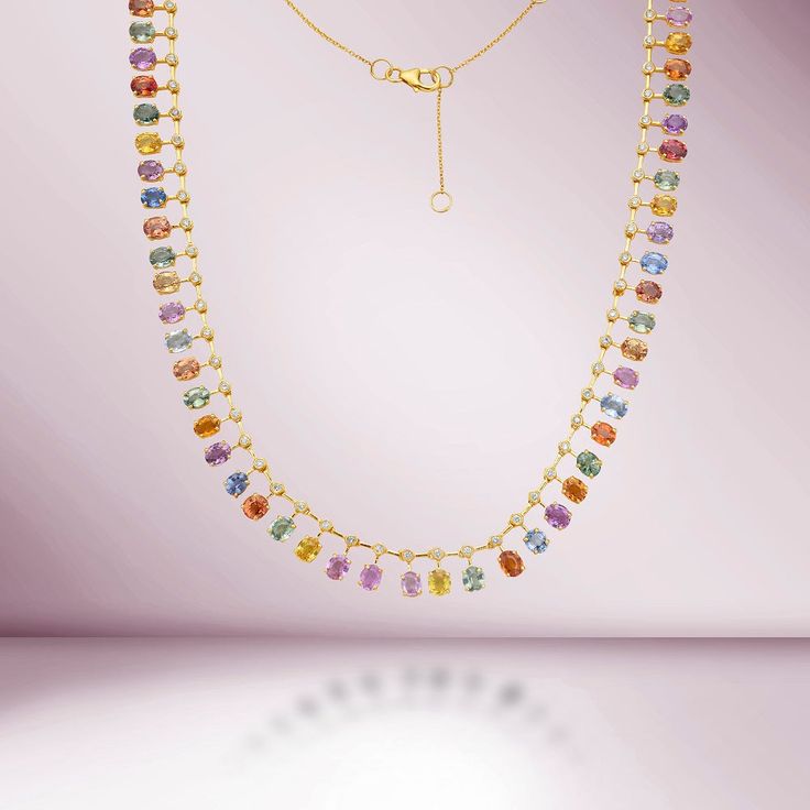 Diamond & Dangling Oval Shape Rainbow Sapphire Choker Necklace (25.85 ct.) in 14K Gold Luxury Multicolor Oval Necklaces, Luxury Multicolor Briolette Necklaces, Luxury Multicolor Briolette Necklace, Luxury Multicolor Briolette Jewelry, Exquisite Multicolor Oval Jewelry, Fine Jewelry Multicolor Oval Necklace, Oval Multi-stone Necklace In Fine Jewelry Style, Gold Oval Multi-stone Necklace, Elegant Multicolor Diamond Cut Jewelry