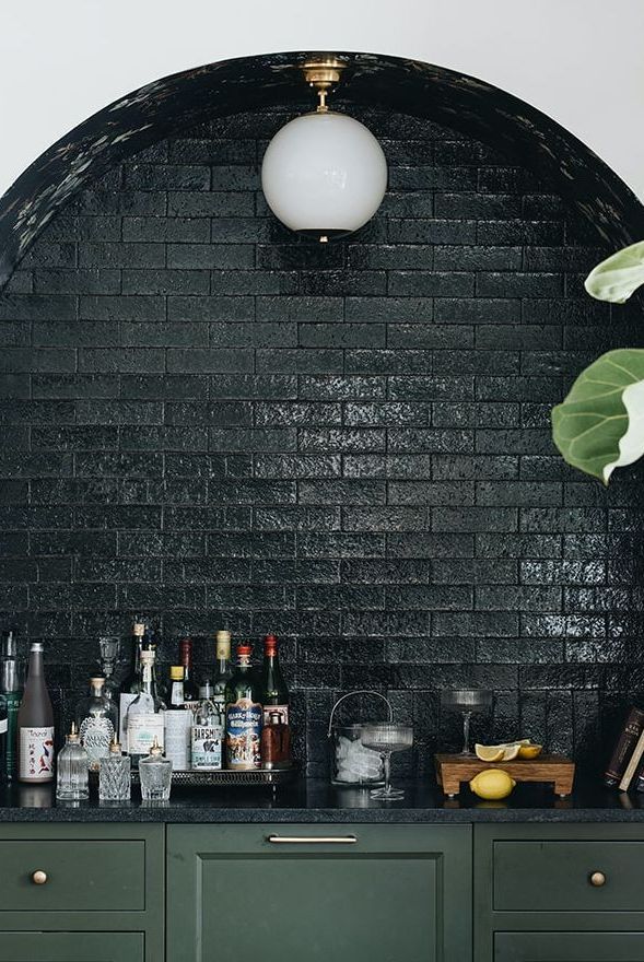 An overlooked corner in the living room was transformed into an elegant bar area for entertaining. Here's how to make over an underutilized nook in your own home. Bar Layout, Dark Green Tile, Jean Stoffer Design, Bar Nook, Bar In Casa, Green Bar, Built In Bar, Home Bar Designs, Living Room Bar