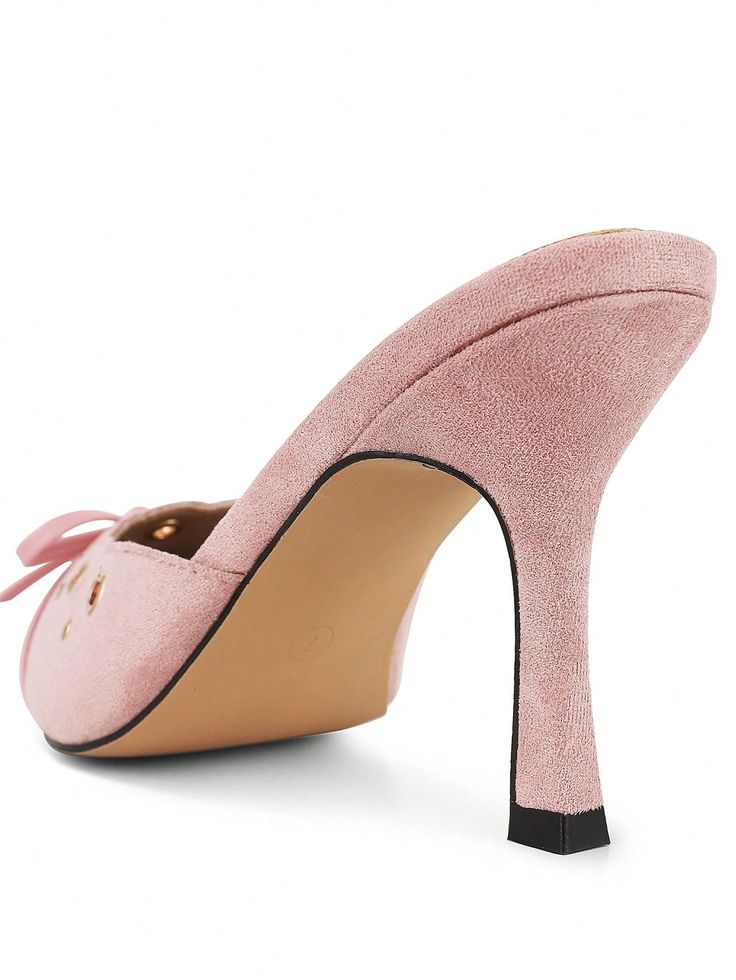 These high-heeled mules with a pointy bow are the perfect blend of chic and stylish, making them ideal for weddings and special events. Their elegant design and trendy silhouette will elevate any outfit, while the comfortable heel height ensures all-day wear. Crafted with high-quality materials, these mules are a must-have addition to any fashion-forward wardrobe. Color : Pink Type : Strappy Style : Sexy, Fashionable Toe : Point Toe Strap Type : Slingbacks Heel Height : High Heel Size Fit : True To Size Party Mules With 4-inch Heel And Almond Toe, Pointed Toe Heels With Bow Straps For Party, High Heels With Bow Straps For Events, Pink Pointed Toe Heels With Bow Straps, Party Heels With Bow And Pointed Toe, Feminine High Heel Mules For Party, Pink Party Heels With Bow Straps, Feminine Evening Heels With Bow Straps, Pointed Toe Bow Mules For Party