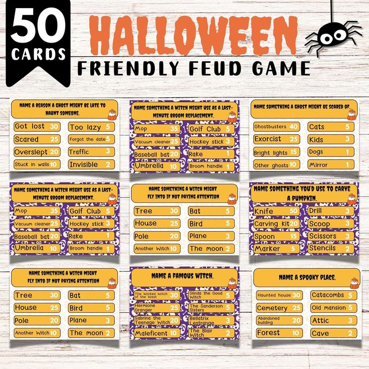 halloween game cards with the words, 50 cards and an image of a spider on it