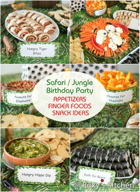 an assortment of finger foods and snacks for a jungle birthday party with text that reads safari / jungle birthday party appetizers finger foods snack ideas