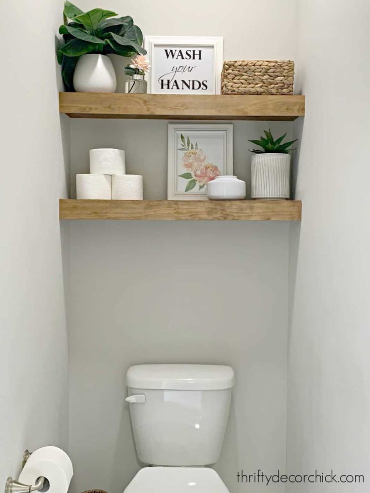 a white toilet sitting in a bathroom next to a wooden shelf filled with pictures and plants