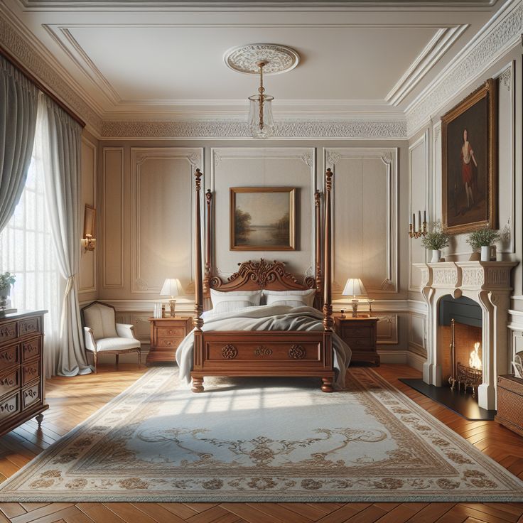 The room should include key elements such as a large wooden four-poster bed with a carved headboard, nightstands on either side, a wooden chest at the end of the bed and a fireplace. Walls are painted in soothing neutral tones, adorned with classic artwork. The windows draped with heavy curtains, allowing soft light to filter in. Ornate rugs on polished wooden floors and a tastefully chosen chandelier add to the colonial charm. This image should provide inspiration for a home remodel. Victorian Master Bed, Vintage Vibe Bedroom, Modern Victorian Master Bed, Victorian Bedroom Ideas Master Suite, Victorian Homes Bedroom, Light Victorian Bedroom, Victorian Master Bedrooms Decor, Victorian Modern Bedroom, English Bedroom Classic