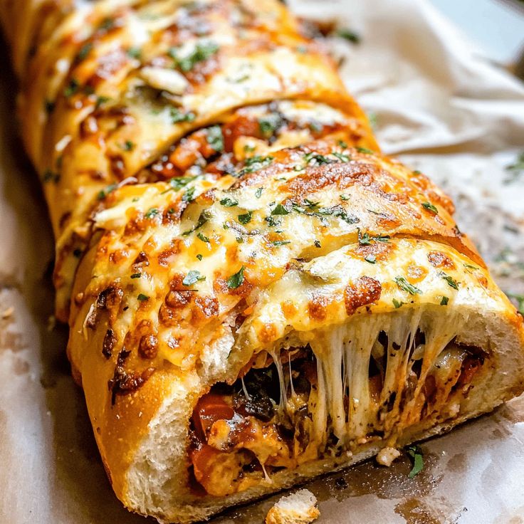 a cheesy pizza roll is cut in half