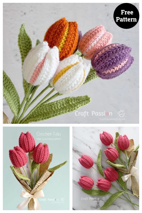 crochet tulips are shown in three different colors, and one is made from