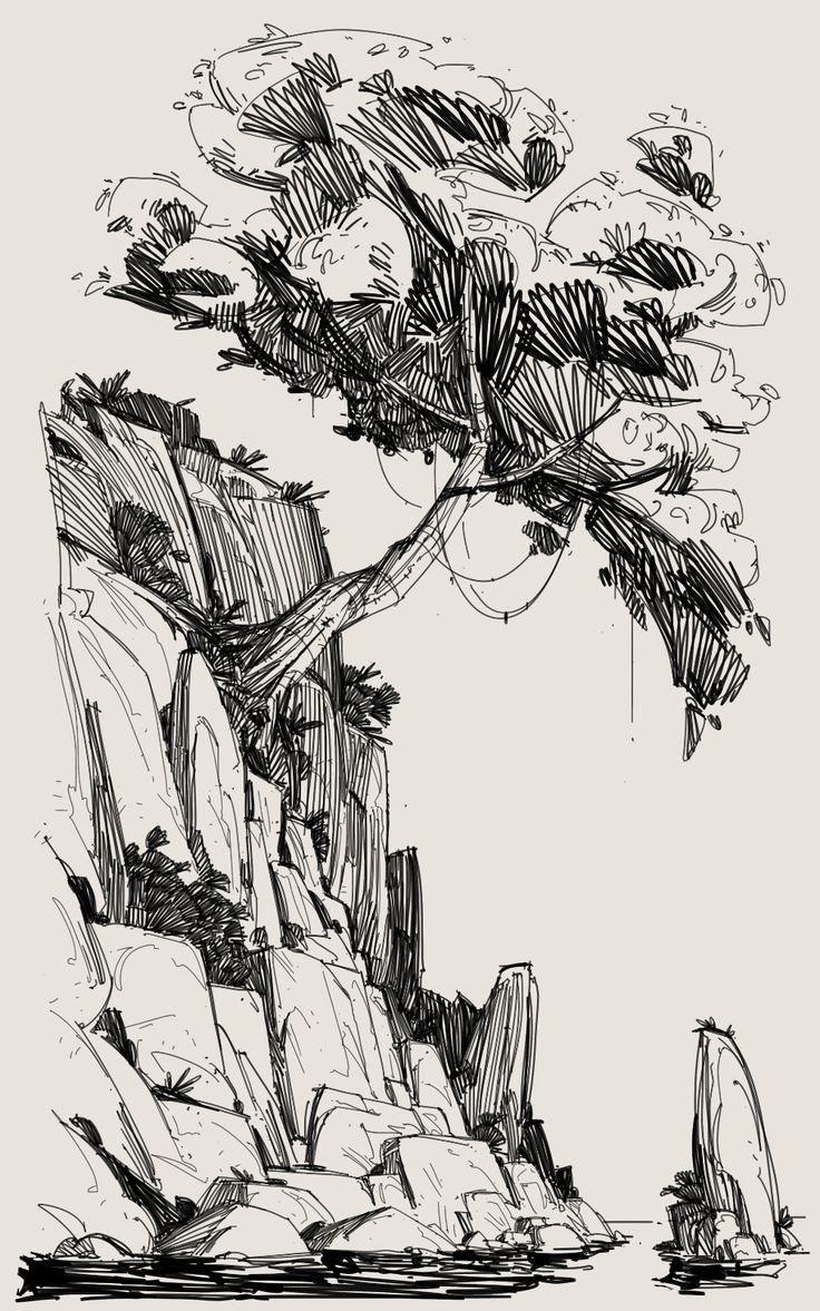 a black and white drawing of a tree on top of a rock formation in the ocean