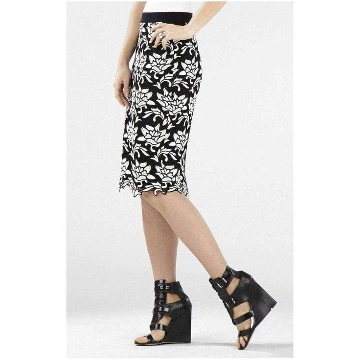 Seize the day and stunning style in this sophisticated pencil skirt featuring a romantic floral hemline. Sits at the waist. Elasticized waistband. Pencil skirt silhouette. Floral-edge hemline. Allover large embroidered floral lace knit. Exposed center back two-way zipper closure. Self: Polyester lace. Contrast: Polyester mesh. Lining: Polyester crepe de chine. Machine Wash. Elegant Floral Print Pencil Skirt For Spring, Elegant Floral Print Skirt, Elegant Midi Length Floral Print Bottoms, Black Midi Length Pencil Skirt For Summer, Feminine Midi Pencil Skirt For Summer, Feminine Summer Midi Pencil Skirt, Chic Floral Print Fitted Pencil Skirt, Fitted Floral Print Chic Pencil Skirt, Elegant Floral Print Pencil Skirt For Summer