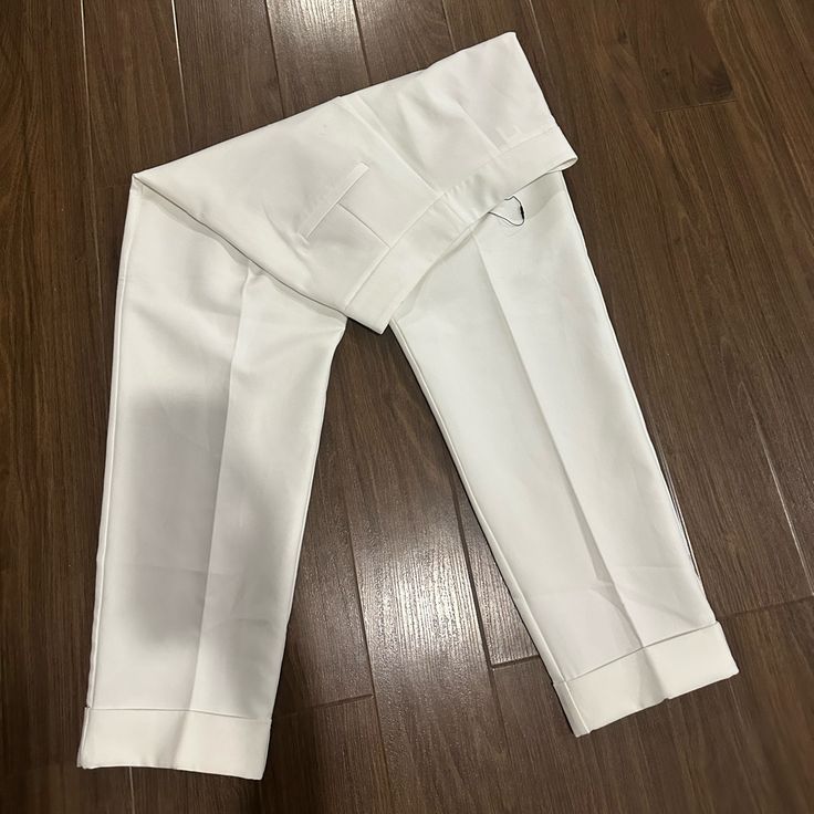 Zara Cropped White Pants Elegant Stretch Work Pants For Spring, White Stretch Ankle-length Dress Pants, White Cotton Dress Trousers, White Fitted Tapered Leg Pants, Fitted White Tapered Leg Pants, Classic White Stretch Dress Pants, White Fitted Tapered Leg Dress Pants, Fitted White Tapered Leg Dress Pants, Tailored High-waisted Work Pants For Spring