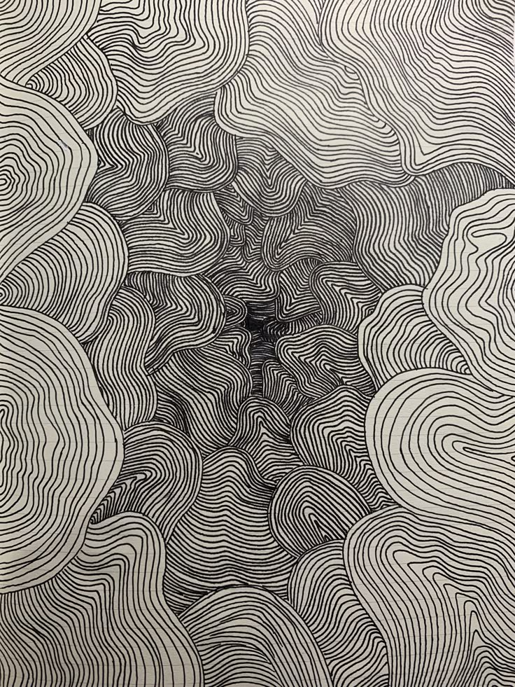 an abstract black and white drawing with wavy lines in the center, as if from above