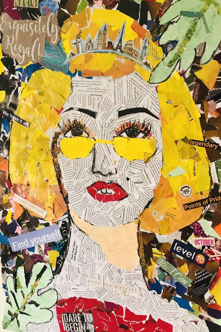 a collage of many different types of paper and newspaper clippings with a woman's face in the middle