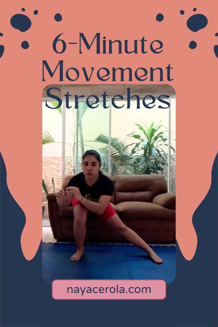 a woman sitting on top of a couch in front of a window with the words 6 - minute movement stretches