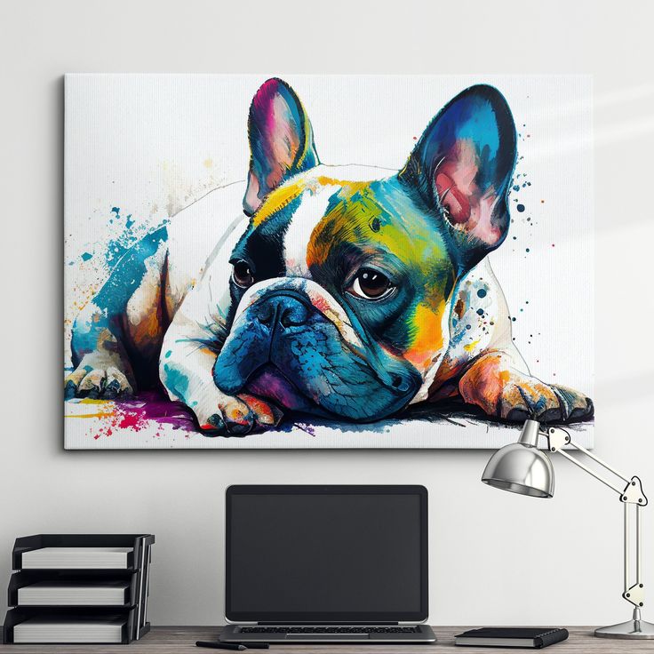 a painting of a french bulldog on a wall above a desk with a laptop computer