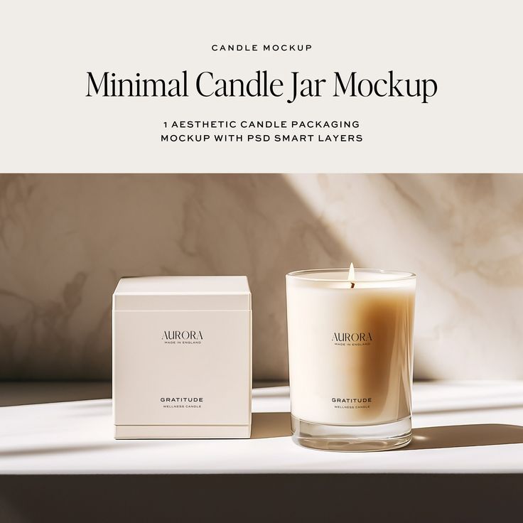 a candle sitting on top of a table next to a box with the words minimal candle jar mockup