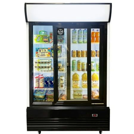 an image of a refrigerator with drinks and juices in it's glass doors