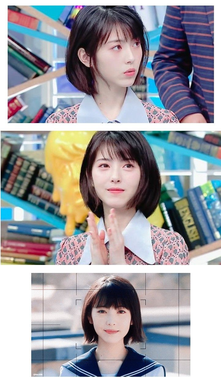 three different images of the same person in front of bookshelves, one with her hand up to her face