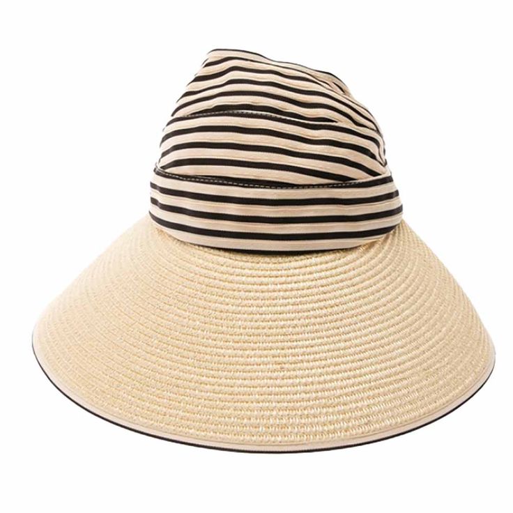 This stylish Ribbon and Straw Wide Brim Ponytail Sun Hat from Boardwalk Hats offers 50+ UPF sun protection and a visor hat design with a 5" wide straw brim perfect for keeping your head cool and shaded. The adjustable size ensures you get the perfect fit and the ability to secure your ponytail in any style. Ribbon crown with open back. Ribbon bound straw brim, 5" wide. UPF 50+ rated. Velcro closure. Rolls into a cone, great for travel. One size, best fit medium to large, 57-59 cm. 50% straw, 50% Summer Visor With Upf 50+ And Curved Brim, Casual Wide Brim Visor For Travel, Boater Hat With Upf 50+ Visor, Wide Brim Visor For Spring Travel, Adjustable Upf 50+ Boater Visor Hat, Wide Brim Visor For Travel In Spring, Upf 50+ Brimmed Visor, Straw Visor Sun Hat For Travel, Spring Brimmed Visor With Upf 50+