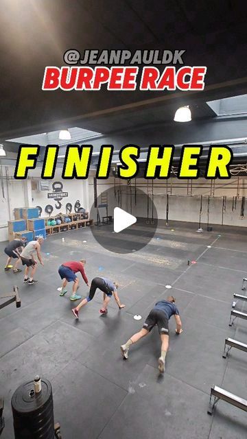 a group of people in a gym doing squats with the words finisher above them