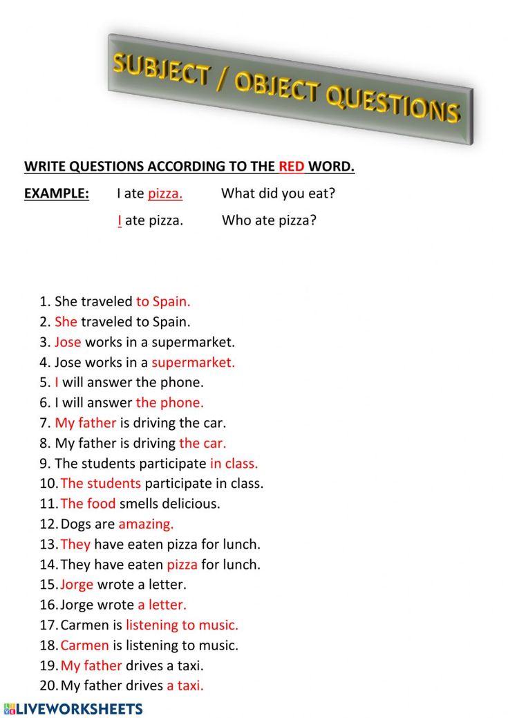 a white sheet with words that say subject / object questions