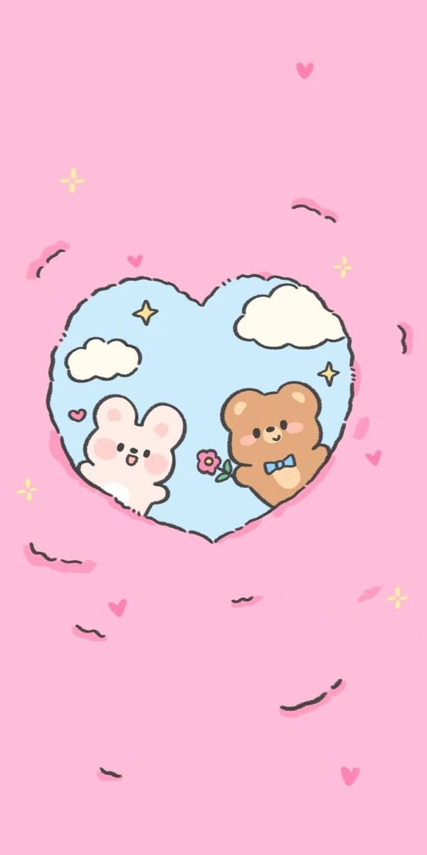 two teddy bears in the shape of a heart on a pink background with clouds and stars