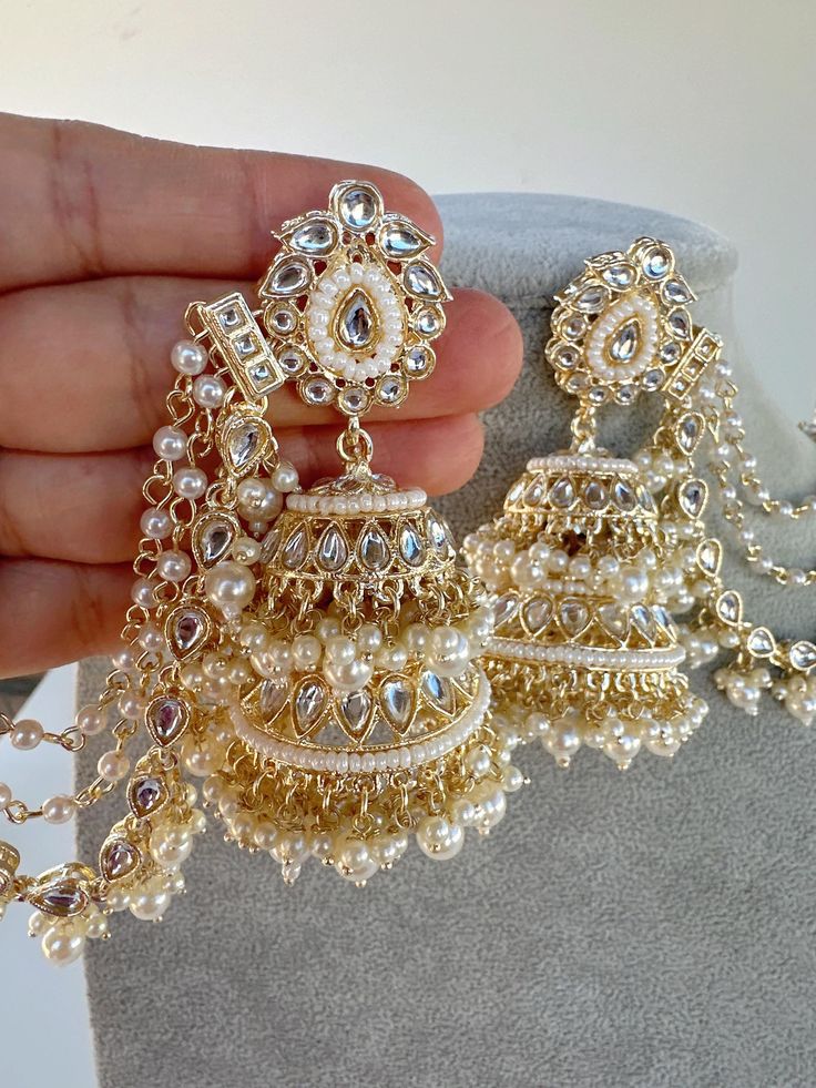 Height = 3.50 inches Kundan Jhumka  Indian wedding Polki Jhumka/Multi Jhumka/Indian Jewelry/Pakistani/Punjabi/Indian/Statement earring/Bridal earring/ Arrives in gift box. Punjabi Bridal Jewelry Wedding Bride, Cheap Bollywood Jhumkas For Festivals, Luxury Chandbali Bridal Earrings With Matching Set, Luxury Chandbali Bridal Earrings For Festivals, Luxury Ornate Jhumkas As Gift, Luxury Kundan Chandbali Earrings, Luxury Hand Set Jhumkas For Formal Occasions, Luxury Meenakari Chandelier Earrings For Reception, Luxury Ornate Jhumkas For Festive Occasions