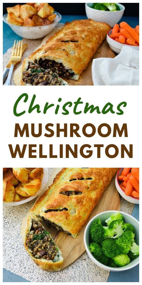 christmas mushroom wellington with broccoli, carrots and other foods on the table