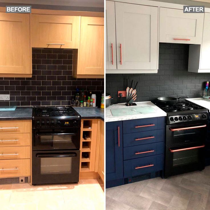 before and after photos of a kitchen remodel with white cabinets, black appliances, and blue countertops