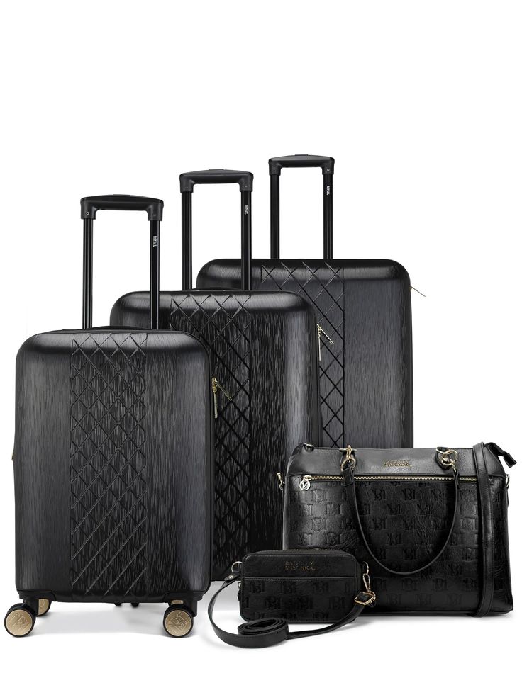 Travel with style and ease with the Diamond 3 Piece Expandable Chic Luggage Set. This set includes 3 pieces of luggage with stylish textures, making it both functional and fashionable. Perfect for any adventure, this set will have you traveling in style. Designed by Badgley Mischka, the Diamond 3 piece luggage set features tension straps to keep your clothes in place and full spinner wheels for easy maneuverability. The Madalyn weekender tote bag is ideal for those seeking a stylish yet eco-frie Luxury Luggage Sets, Luxury Luggage, Stylish Luggage, 3 Piece Luggage Set, Eco Friendly Accessories, Weekender Tote Bag, Belt Pouch, Travel Set, Luggage Sets